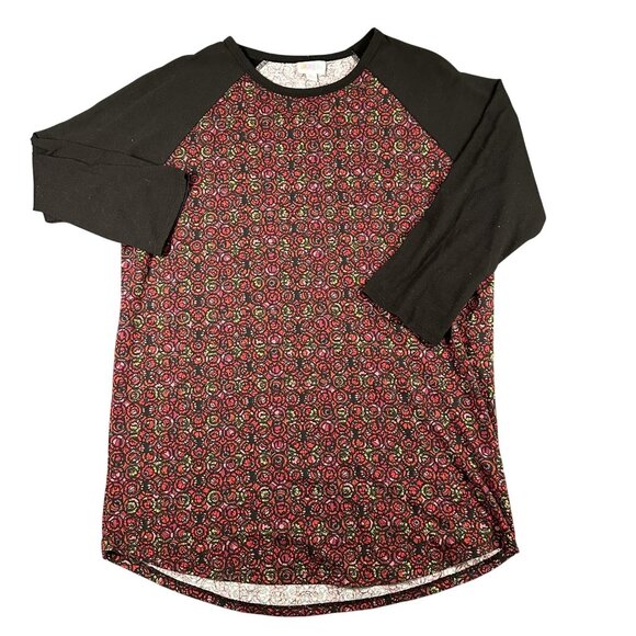 LuLaRoe Randy Shirt Womens Lrg Black Red Raglan Floral Baseball Tee Stretch Top - Picture 1 of 7